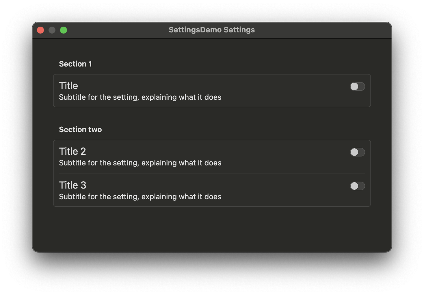 Settings view, result